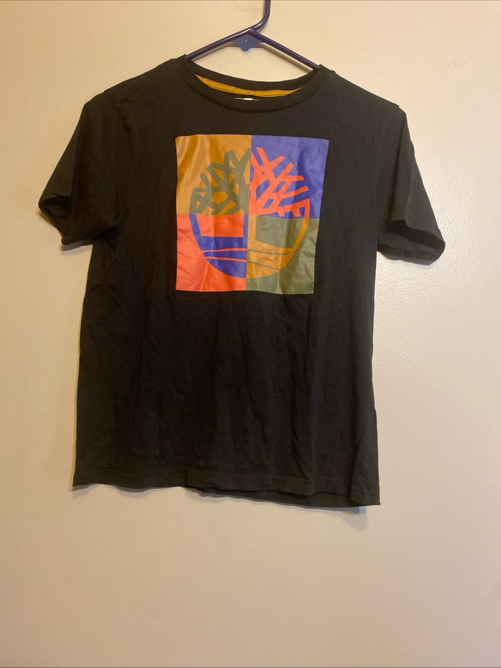 Timberland Shirt Boys Medium Square Stacked Logo Graphic‎ Tee Black Short Sleeve